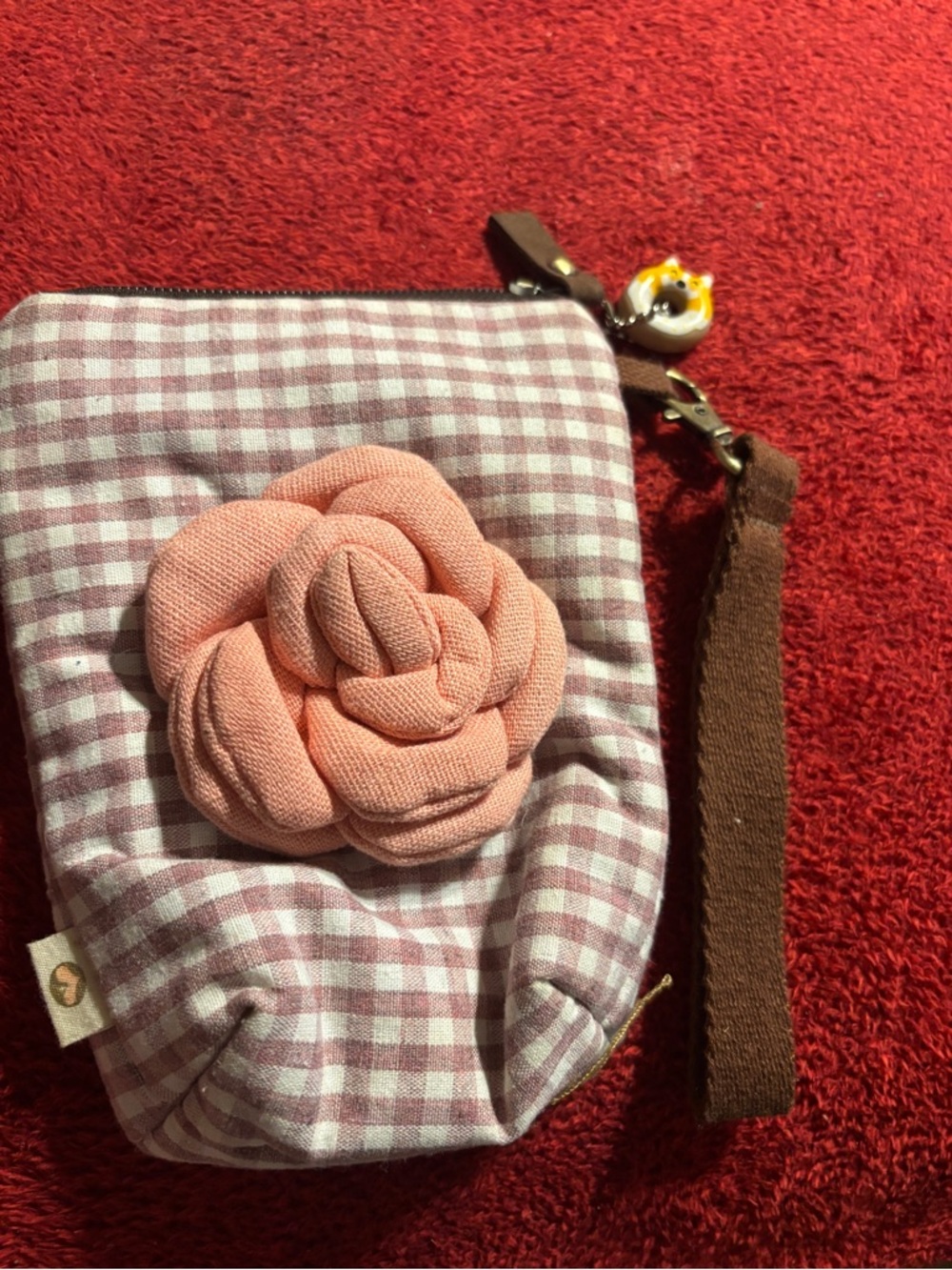 Pink Gingham Wristlet with Coral Flower Accent.